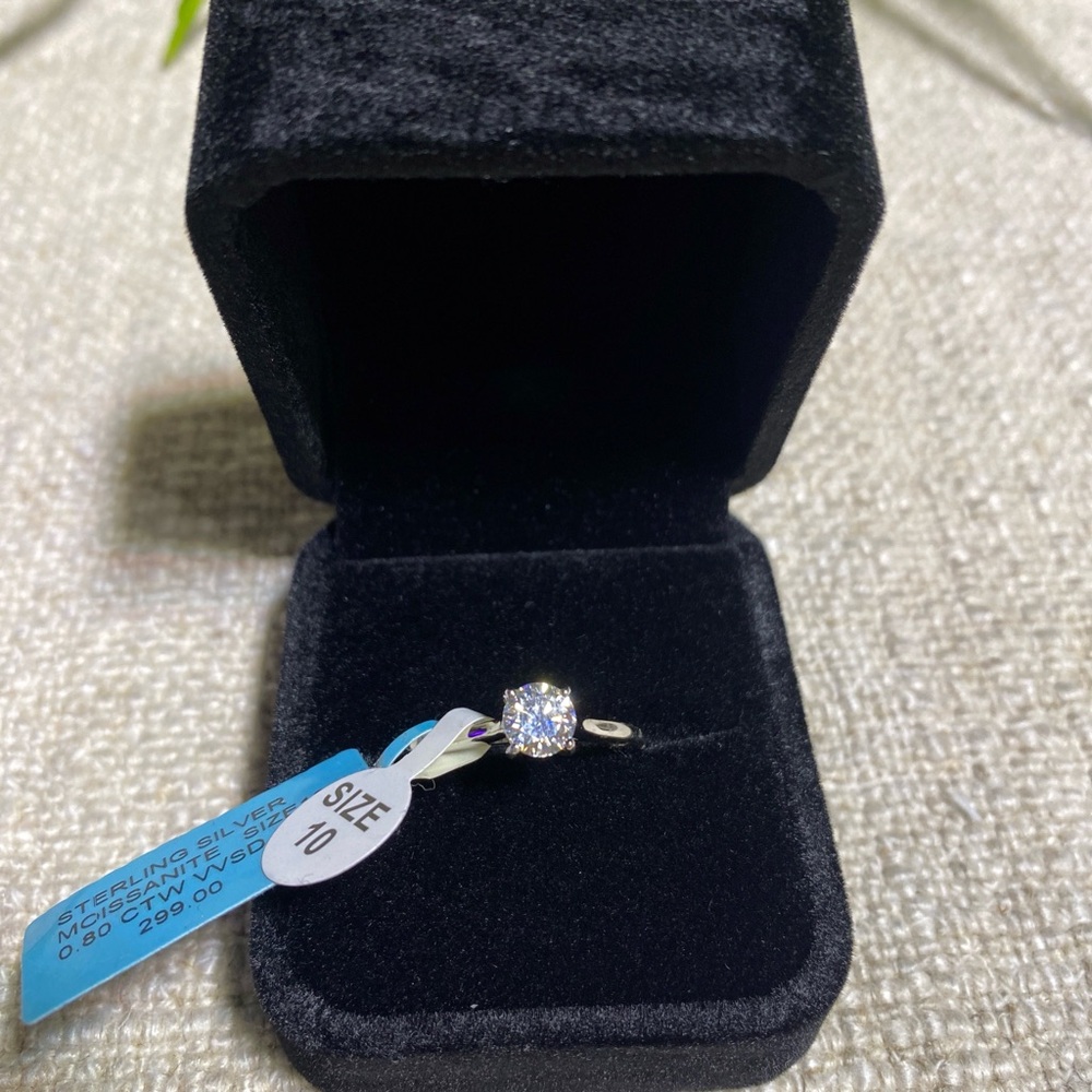 Moissanite & Silver Solitaire Ring Size 10